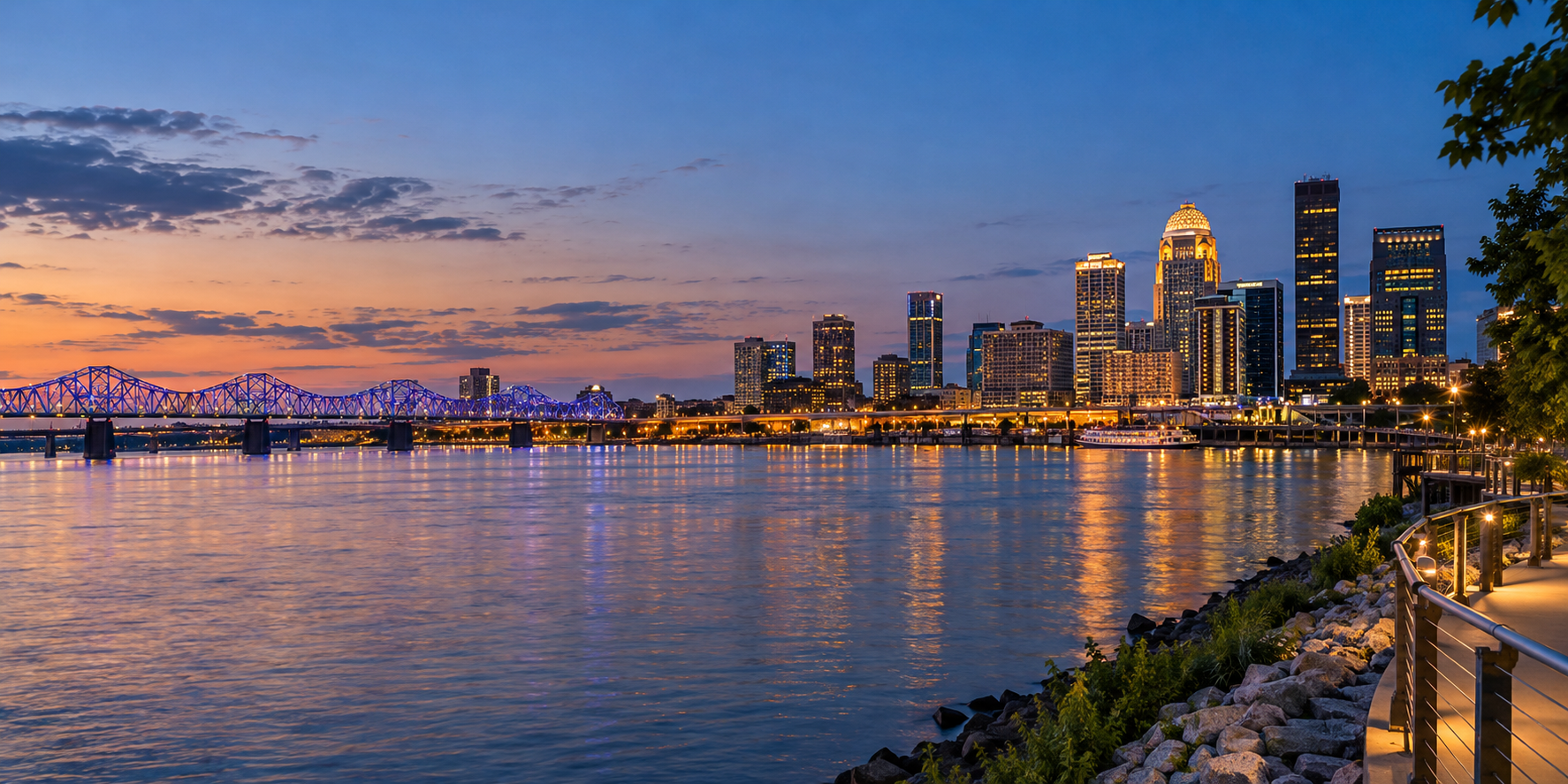 Louisville riverfront at dusk
